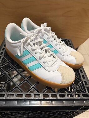 adidas White Sneakers with Teal Stripes and Gum Sole